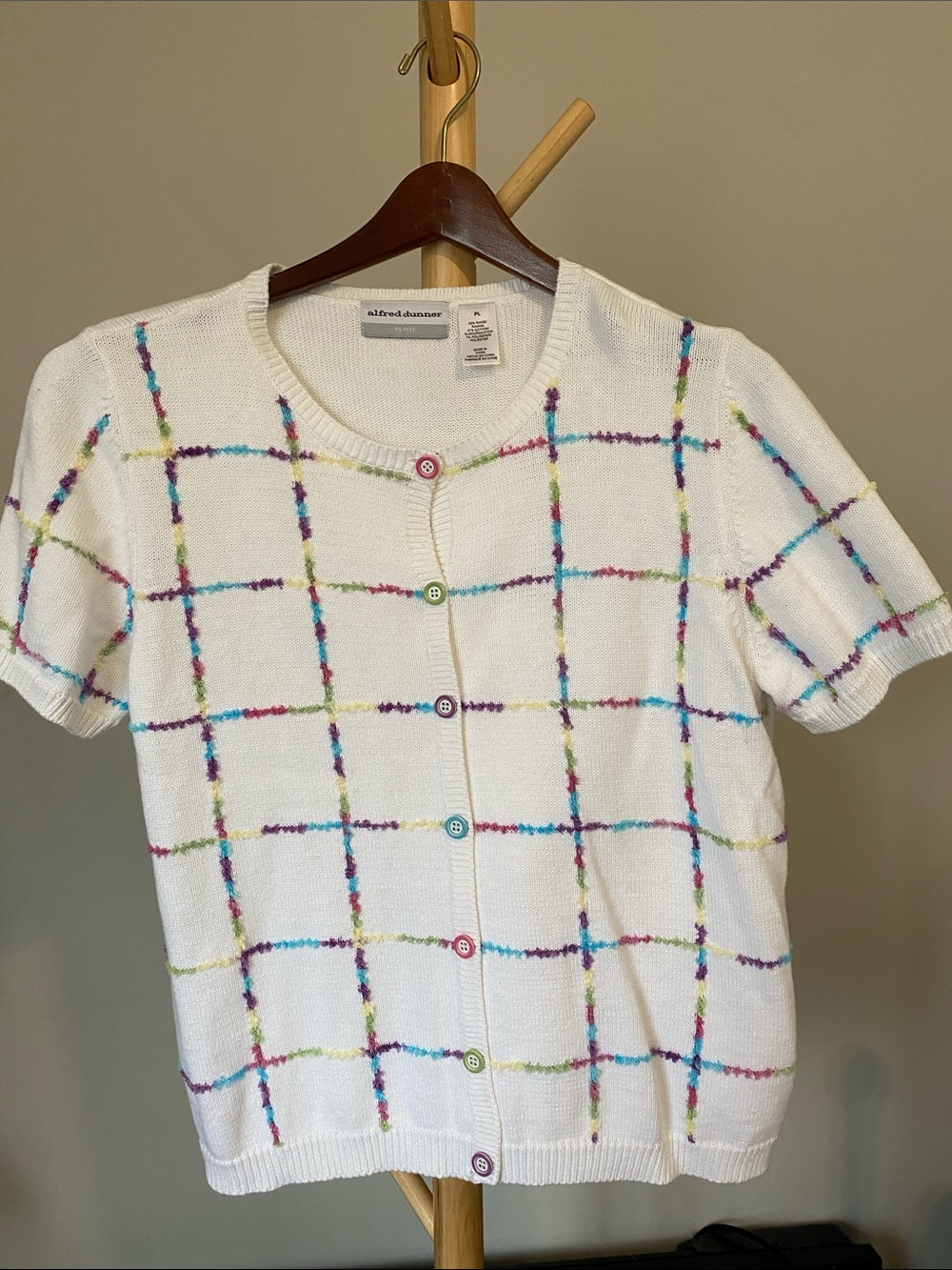 Alfred Dunner Petite White Short-Sleeve Button Cardigan with Rainbow Grid